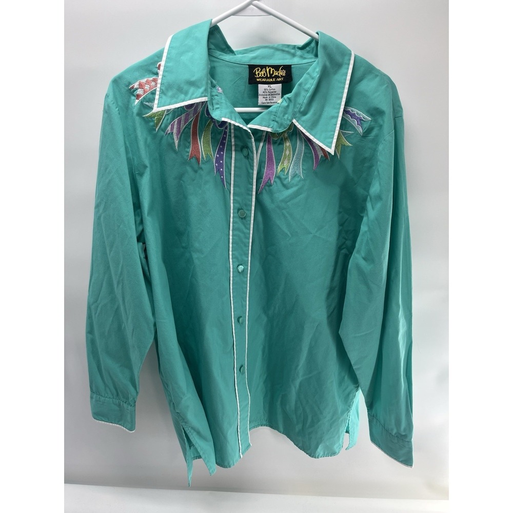 Women's‎ Bob Mackie Wearable Art long-sleeve teal embroidered ribbons XL